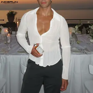 INCERUN Men's Sexy Summer Sheer Pleated Long Sleeve Shirt | Slim Fit Textured Beachwear | Dinner Party, Club, Holiday Resort