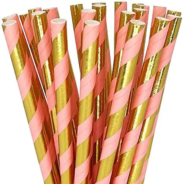 Blush Pink & Gold Party Straws - 25 Pack - Metallic Gold Striped Paper Straws, Peach Accents - Elegant Disposable Straws for Bridal Showers, Weddings, Birthdays, and Party Decorations
