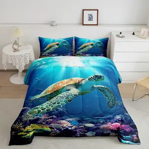Sea Turtle Comforter Set,Full Size Ocean Reptile Tortoise Comforter,Marine Animals Bedding Set,Summer Blue Coastal Themed Duvet Set,Room Decor