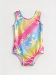 Girls’ gradient star dancewear — sleeveless glossy ballet practice outfit for little girls, body-shaping design