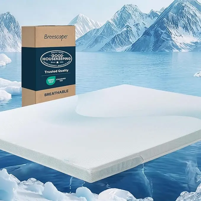 Breescape Cooling Mattress Topper - 3 Inch Soft Breathable Foam Mattress, Cooling Mesh Cover, High Density Support, Non-Slip Elastic Straps, 3-Side Zipper Removable & Washable