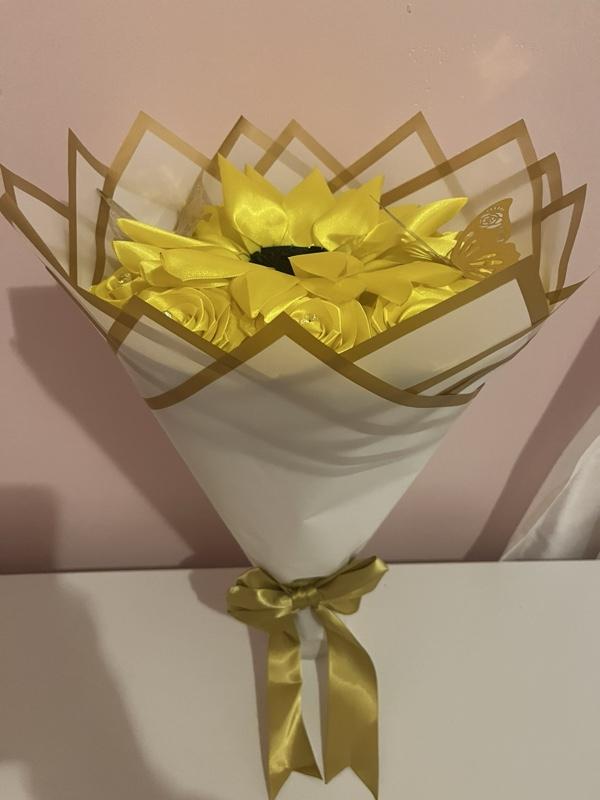 Sunflower and Yellow Rose Eternity Bouquet with Gold Butterflies and Black Center
