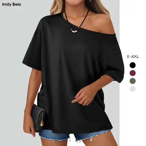 Imily Bela Women's Off-Shoulder Oversized Tunic Tee, Casual Loose-Fit Summer Top, TikTok-Favorite Womenswear