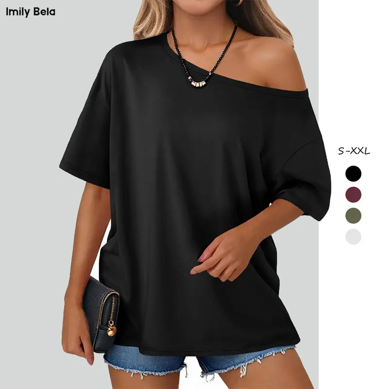 Imily Bela Women's Off-Shoulder Oversized Tunic Tee, Casual Loose-Fit Summer Top, TikTok-Favorite Womenswear