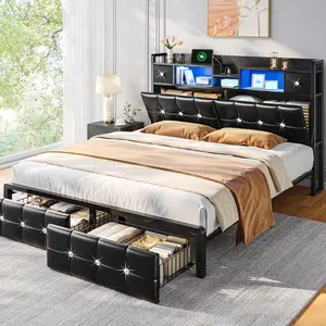 Diamond-Tufted Leather Upholstered Bed Frame with 4 Drawers & Hiden Cabinet Bookcase 47.2" Tall Headboard, Modern LED Platform Bed Frame for Queen King Full with Charing Station, NO Noise, No Box Spring Needed, Metal Frame & Slats for Bedroom