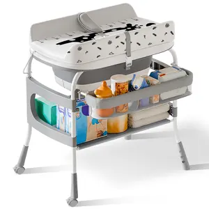 2-in-1 Baby Changing Table & Bath Tub Foldable with Storage Wheels Smart Temp Display Safety Belt Multifunctional Newborn Changing Table