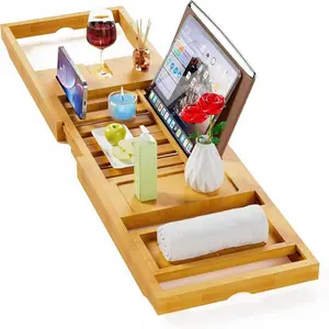 Premium Expandable Bamboo Bathtub Tray Bath Caddy with Wine Holder And Phone Slot for Reading Relaxation