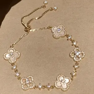 Chic Sparkling Clover Flower Bracelet for Daily Wear, Shell - Embellished, Perfect for Party & Gift Gold Jewelry stocking stuffer bracelets for women