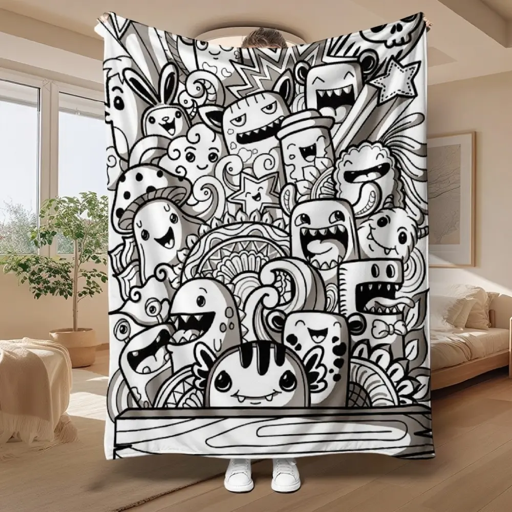 DIY Colorable Cartoon Blanket Scarf - Coloring, Custom, Personalized, Animal-Faced Character, Adorable Style - Comfortable Exquisite Gift for Children, Air Conditioning Blanket for Home Decoration, Coloring Blanket, Custom Blankets