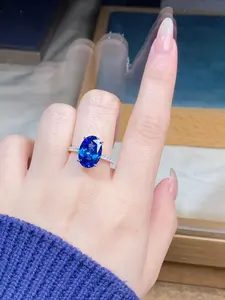 Pure Silver Ring with Pigeon Egg Diamond, 6 Carat High Carbon Diamond Blue Sapphire Full Drill, Luxury Oval Shape Silver Ring for Women