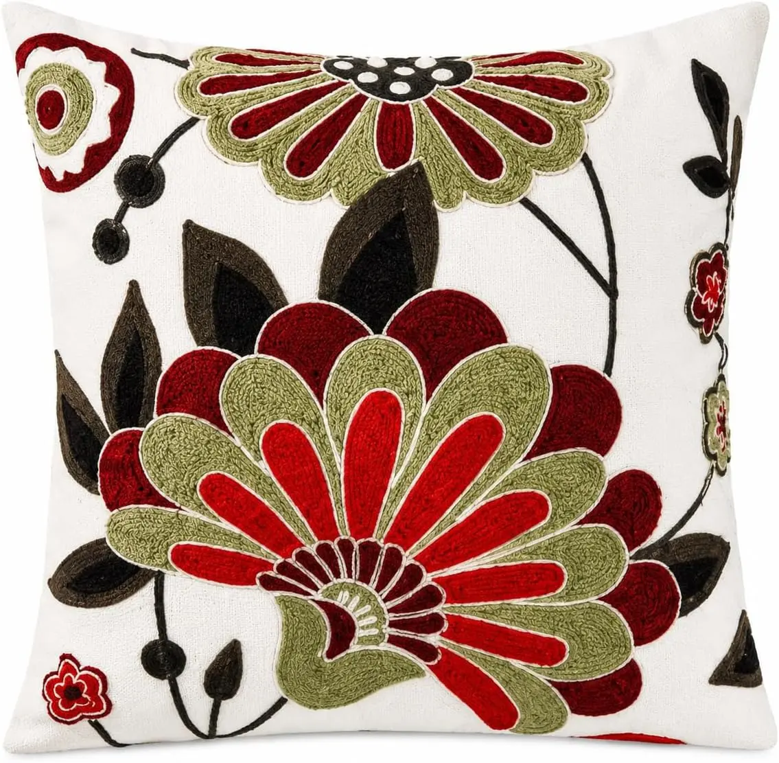 Selection Throw Pillow with Insert Included, 18x18 Inch Ivory White Woven Canvas Decorative Pillow, Retro Floral Embroidery, Hidden Zipper, Mid-Century Modern Boho Farmhouse Couch Sofa Pillow