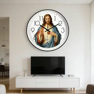 European Vintage Jesus Sacred Heart Wall Clock, Silent Sweep Quartz Clock, Religious Faith Home Decor, Elegant Design for Living Room