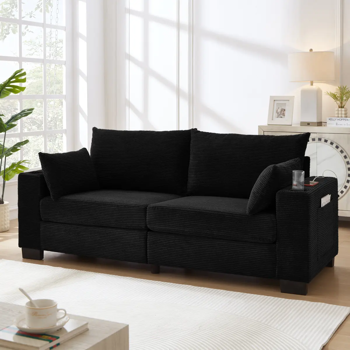 [Bellemave] 78"Corduroy Sofa for Living Room, Modern Upholstered Couch with USB,Cup Holders and Side Pocket, 2-Seater Sofa for Living Room, Apartment