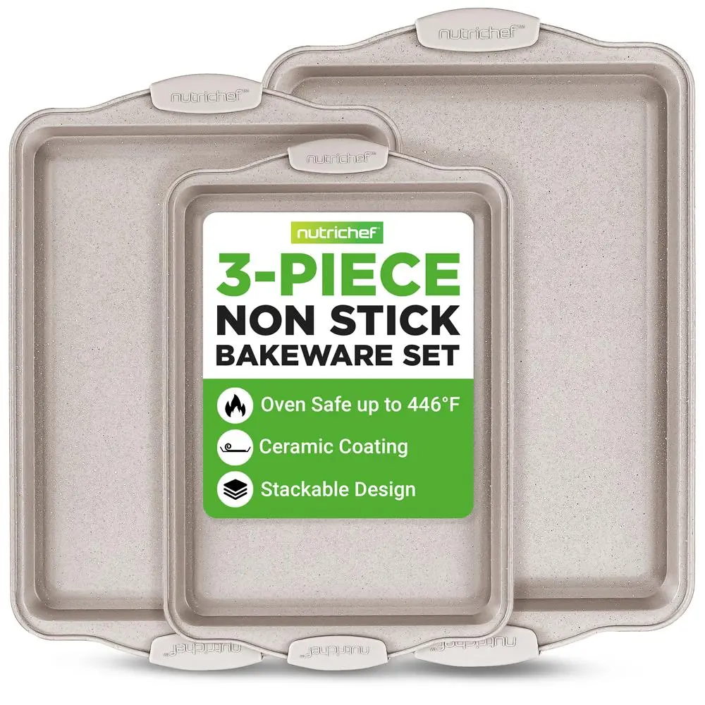 3-Piece Nonstick Bakeware Set - Cream Marble | Even Heat Carbon Steel Baking Pans with Silicone Grip Handles - Scratch Resistant Tray For Cookies, Biscuits, Pastries & Roasting - Kitchen Accessory