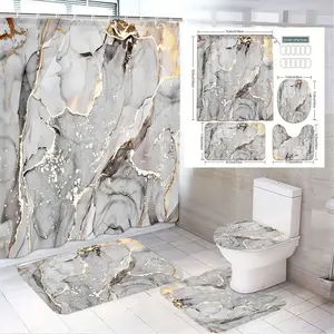 1/4pcs Luxurious Marble Patterned Bathroom Set with Metallic Gold Accents - Elegant Shower Curtain Sets, Matching Toilet Lid Cover & Plush Bath Mats - Modern Home Decor for a Chic Holiday Refresh