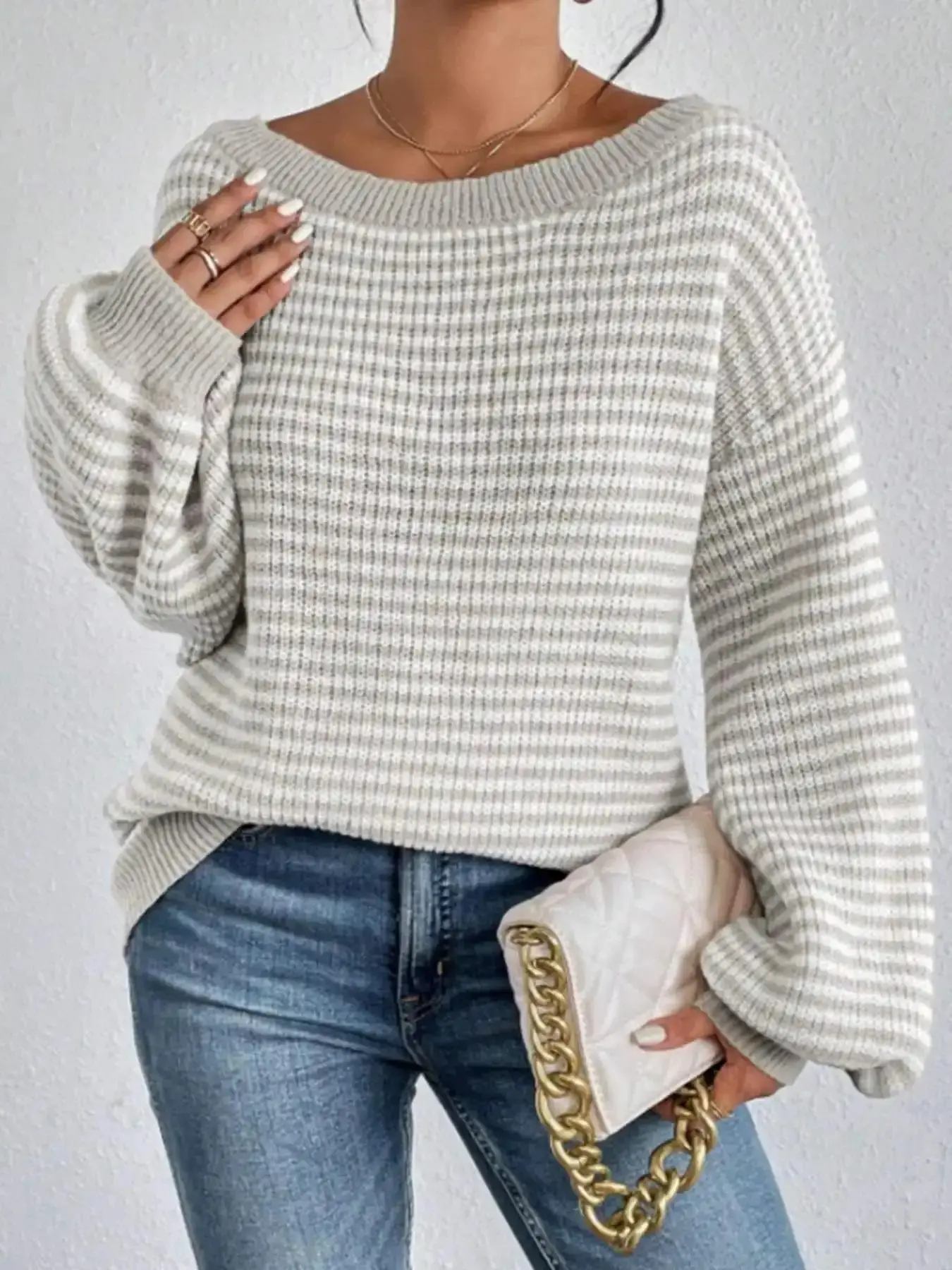 Women's Trendy Striped Print Off Shoulder Sweater, Casual Long Sleeve Jumper for Daily Outdoor Wear, Women Knitwear for Spring Fall, Hoodie, textured elegance, cozy refinement, knit sophistication