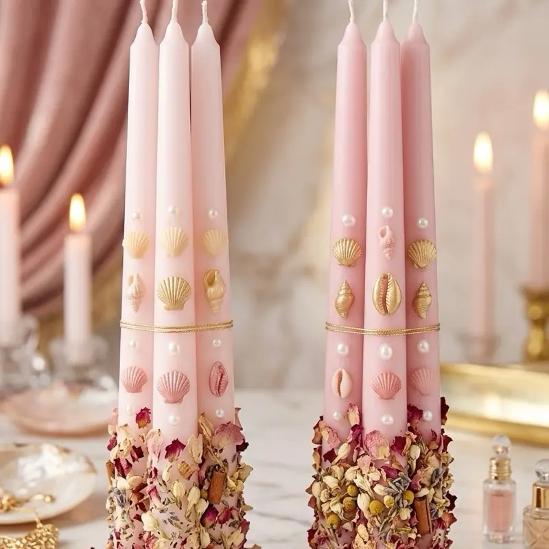 Sea Shell Candles with Gold & Shells Pink Wax Candles with Seashells Gold Embellishments and Herbal Accents Decorative Home Decor