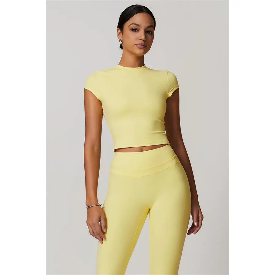 Women's Fitted 2-Piece Brushed Nylon Sportswear Set - Sculpting Cap Sleeve T-Shirt & High-Waist Booty Lifting Leggings for Gym Workouts, Fitness, Two Piece Set, Women's Gym Wear