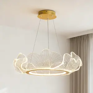 Modern LED Chandelier Gold Iron Round Pendant Light Dimmable Hanging Fixture for Dining Room Kitchen Island Bedroom Living Room Foyer Stairway