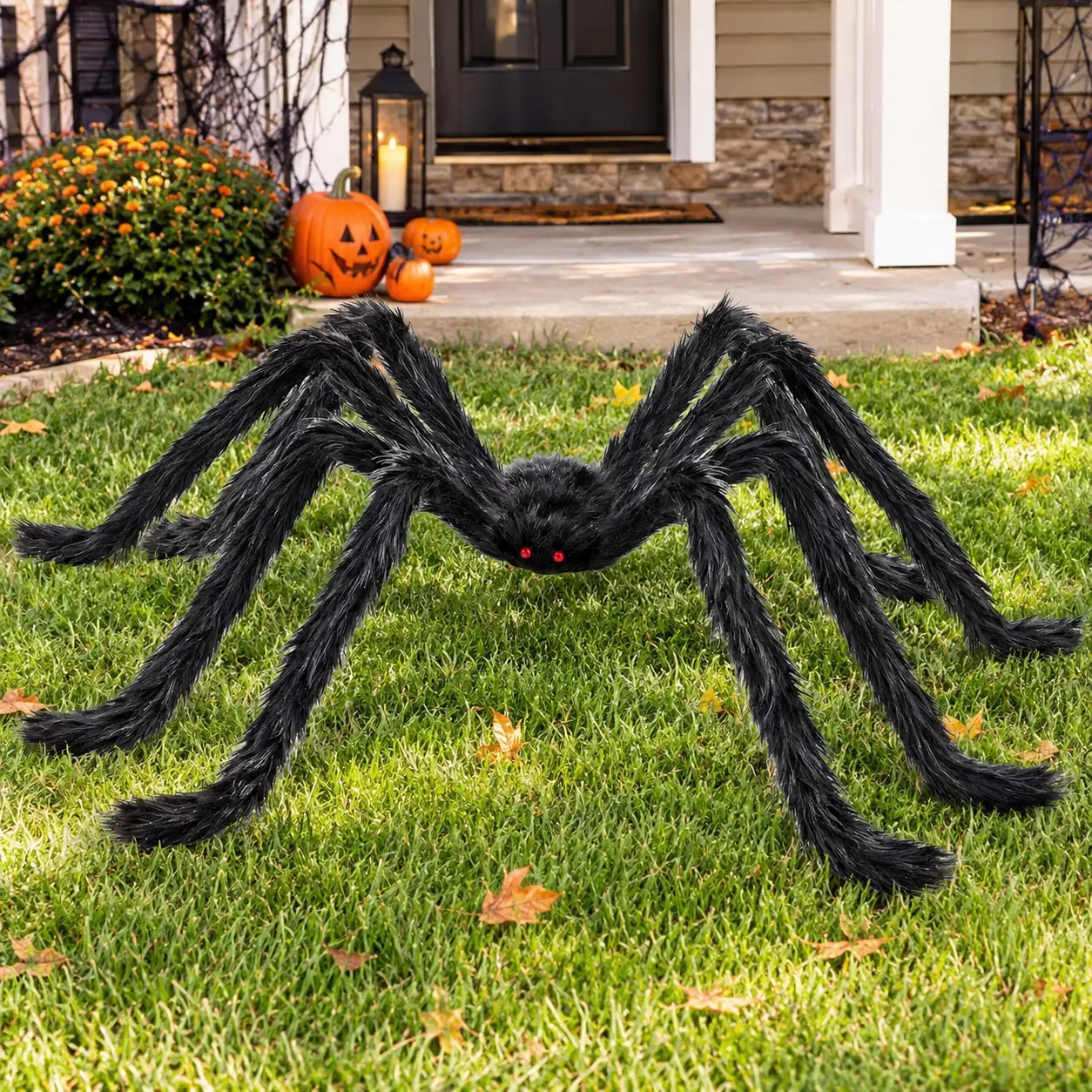 2 Pack 5FT Giant Halloween Spiders, Large Black Fuzzy Spider Decorations, Scary Outdoor Halloween Decorations for Yard Lawn Porch Garden, Haunted House Party Decor
