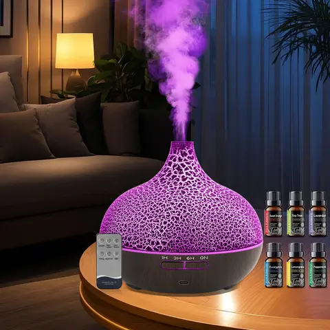 550ml Plastic Ultrasonic Cool Mist Humidifier Set - Aromatherapy Essential Oil Diffuser, 360-450 sq ft Coverage, Remote Control, Quiet Operation, Adjustable LED Nightlight, Timer, Auto Shut-Off, Sleep Aid, Multiple Colors, Stress Relief, Bathroom Use
