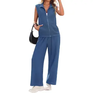 Vipwes Women 2 Piece Set Summer Outfits Sweatsuit Full Zip Sleeveless Sweatshirt Wide Leg Sweatpant Tracksuit Sets