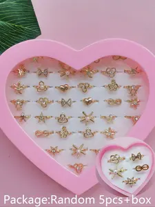 5pcs Box Adjustable Rings for Children Girls, Alloy Jewelry Gift Set, Random Send, Cute & Stylish Design