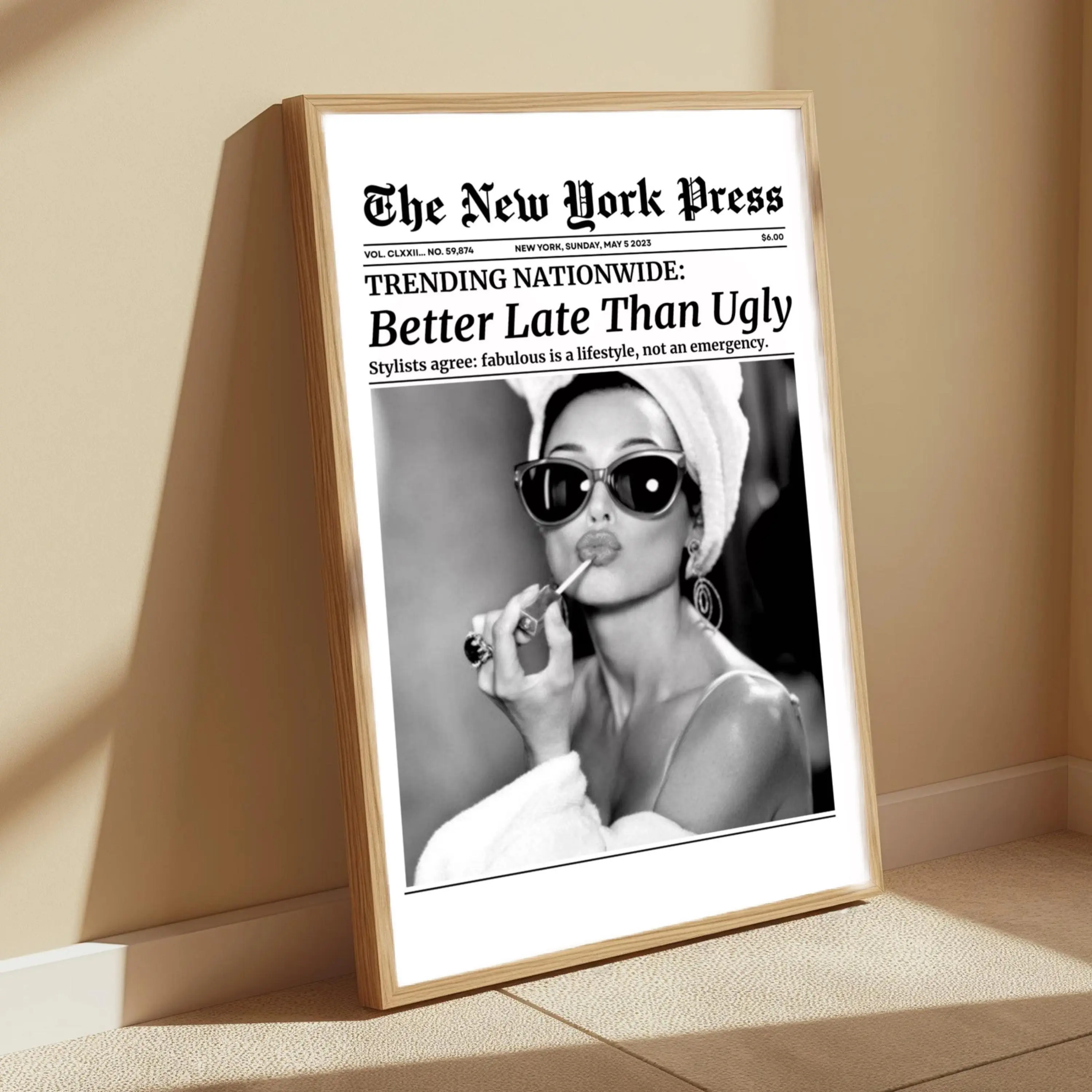 [Sale Up To 50%][No frame, Free Ship] Audrey Hepburn Lipstick Print Better Late Than Ugly Newspaper Art