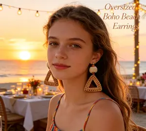 Women Bohemian Geometric Woven Drop Earrings, Oversized Summer Beach Vacation Statement Earrings, Retro Ethnic Braided Dangle Jewelry