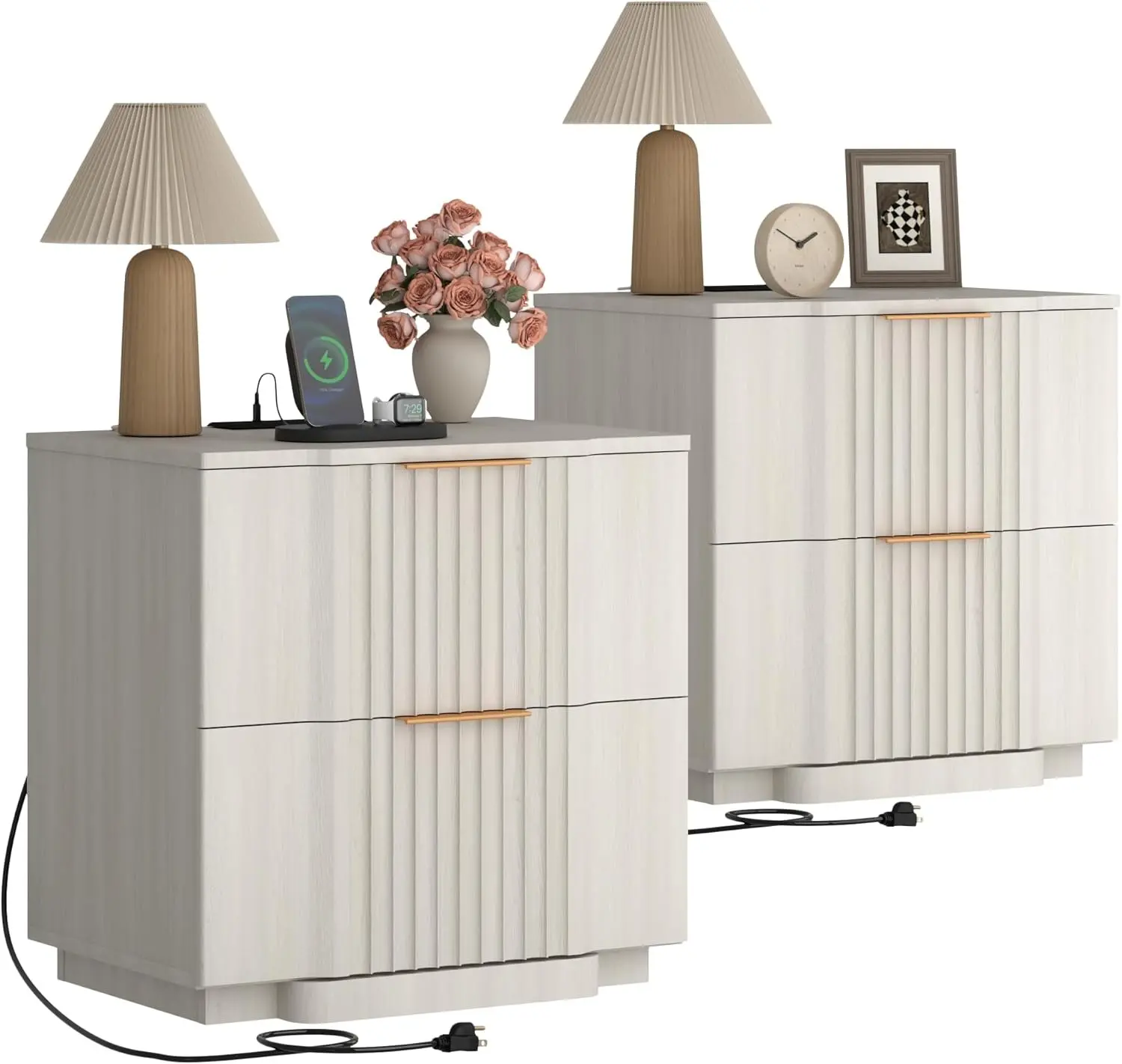 Yechen Set of 2 Modern Fluted Nightstands - 20W Fast Charging Station, 2-Drawer Large Wood Wide Bedside Tables with Storage, Modern Furniture, Dual Compact Bedroom Furniture (White, Natural Oak, Black)