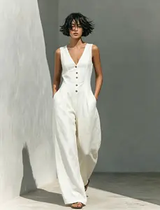 Women's French Effortless Jumpsuit Sleeveless V Neck Single Button Front High Waist Relaxed Fit for Beach Vacation Weekend Travel Summer OOTD