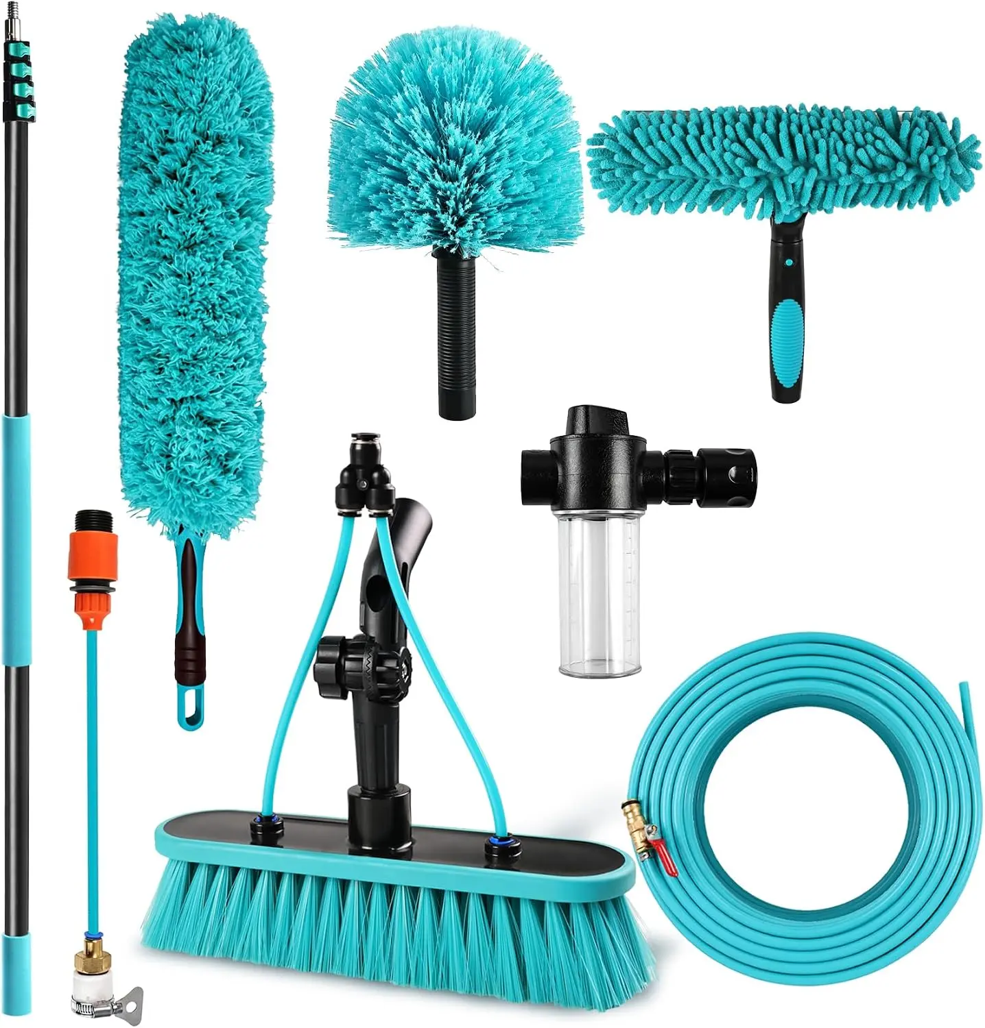 24FT Water Fed Pole Cleaning Kit with 4 Brush Heads, Adjustable Window Cleaning Pole with 66FT Hose, Soap Dispenser, Cobweb Duster, Glass Cleaner Brush for Windows, Siding & Solar Panels