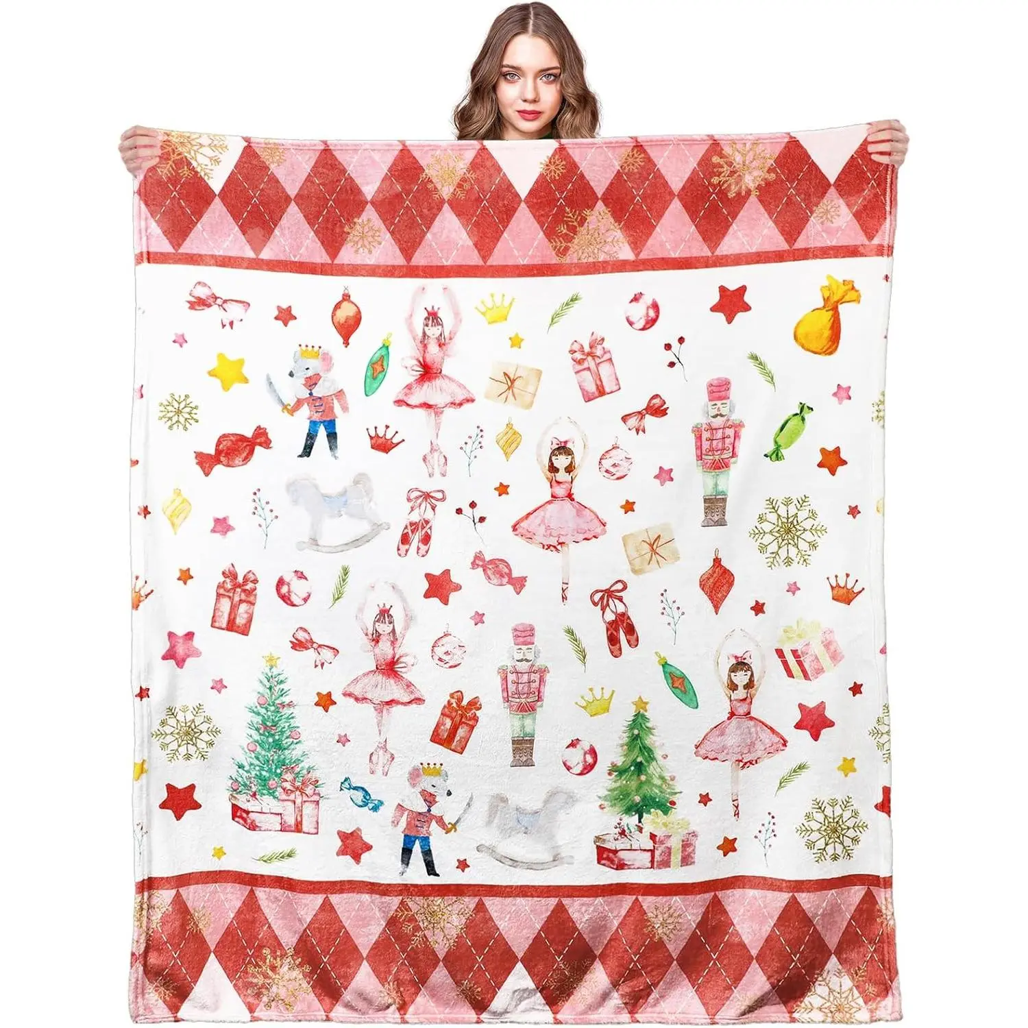 Pink Christmas Nutcracker Throw Blanket Nutcracker Ballet Blanket Xmas Warm Flannel Fleece Throw Comfortable Cozy Decorative