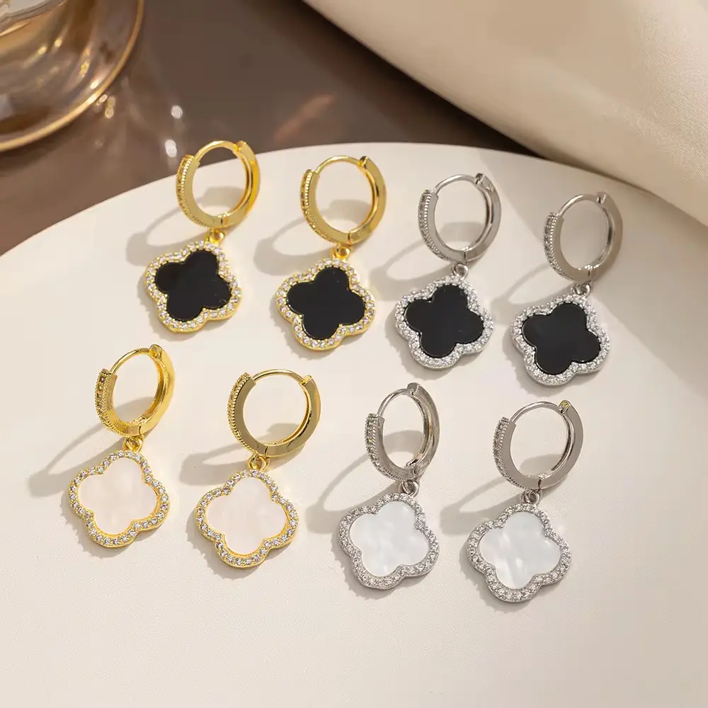 Gold White Lucky Clover Earrings | Stainless Steel with Cubic Zirconia | Handmade Mother of Pearl Imitation Jewelry Gift for Women | Gold White color
