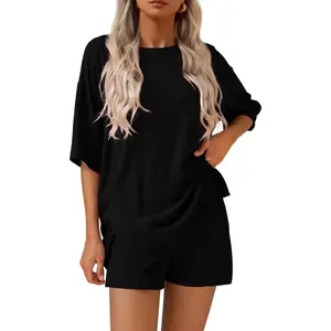 2 Piece Sets for Women Summer Lounge Sets Casual Oversized Tshirts Shorts Matching Airport Travel Outfit Postpartum Clothes Womenswear