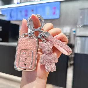 ACEBOY For Key Fob Cover With Diamond Keychain Car Key Holder Case Compatible With 2016-2022 Hondacar Accord Civic CRV Pilot Ridgeline Passport Smart Remote Key Protector For Women, 5 Buttons