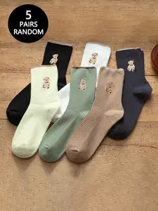 Women's Fall Winter Knee High Socks, 5 Pairs Vintage Fuzzy Bear Pattern, Fashionable Comfortable Daily Wear Footwear, Casual Daily Socks