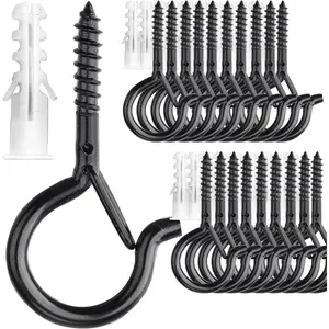 PlusRoc 20 Pack Outdoor Screw Hooks for Hanging Plants String Lights Heavy Duty, 2.2 Inch Eye Hook Screw in Cup Hooks Q-Hanger for Patio Lights, Ceiling Wall Wood Fence Deck Mount(Black)