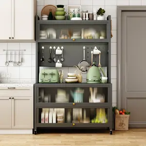 Kitchen Bakers Rack with Flip Door Cabinet, 5 Tier Multifunctional Microwave Stand Buffet, Coffee Bar, Quick Assembly, Gray/White