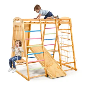 Summervibes VEVOR Indoor Playground Jungle Gym, 9-in-1 Montessori Climbing Toys for Toddlers, 250LBS Wooden Indoor Playground Playset with Monkey Bar, Swings, Slide, Rope/ Wooden Ladder, Climbing Net, Bar Rock