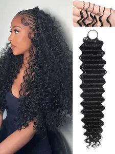Feather Crochet Hair Extensions Deep Wave 18 Inch 50G Curly Knotless Pre‑Separated Invisible Crochet Bundles Lightweight Reusable Hair Extensions for Women Natural Black Human Hair