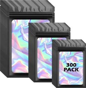 300PCS Black Holographic Mylar Bags, 3 Sizes Resealable Smell-Proof Pouches with Clear Window – Food Storage & Small Business Packaging
