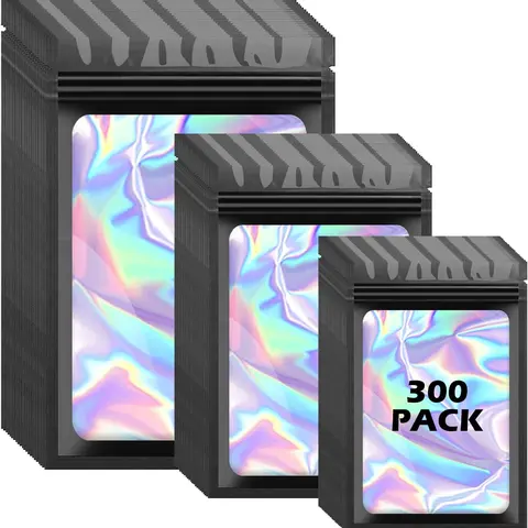 300PCS Black Holographic Mylar Zipper Bags - 3 Sizes Resealable Smell-Proof 3-Layer Packaging Bags with See-Through Window, Manual & Heat Sealing, Easy Close Ziplock for Dried Fruit, Lip Gloss (Home Supplies Organizers, Samples for Sale)