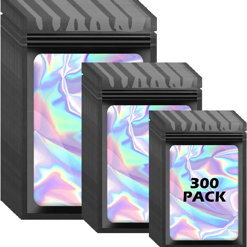 300PCS Black Holographic Mylar Zipper Bags - 3 Sizes Resealable Smell-Proof 3-Layer Packaging Bags with See-Through Window, Manual & Heat Sealing, Easy Close Ziplock for Dried Fruit, Lip Gloss (Home Supplies Organizers, Samples for Sale)