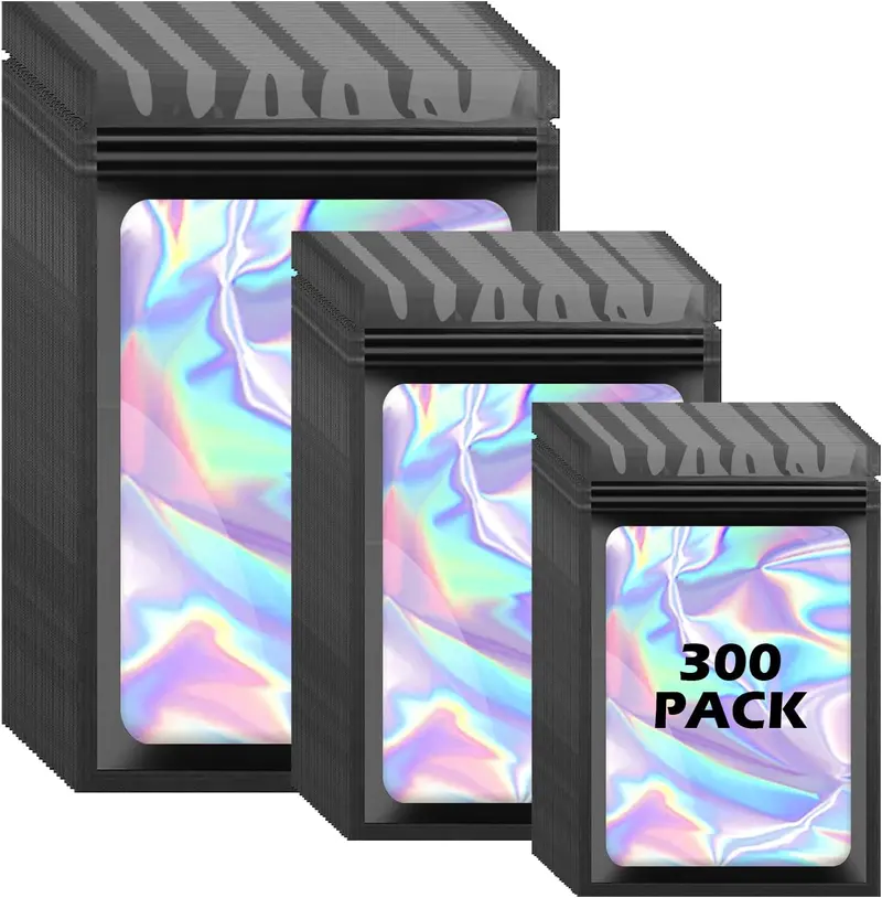 300PCS Black Holographic Mylar Bags, 3 Sizes Resealable Smell-Proof Pouches with Clear Window – Food Storage & Small Business Packaging