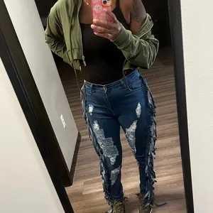 Trendy Tassel Distressed Denim Jeans - Bold  Side Fringe Style Basic Slim