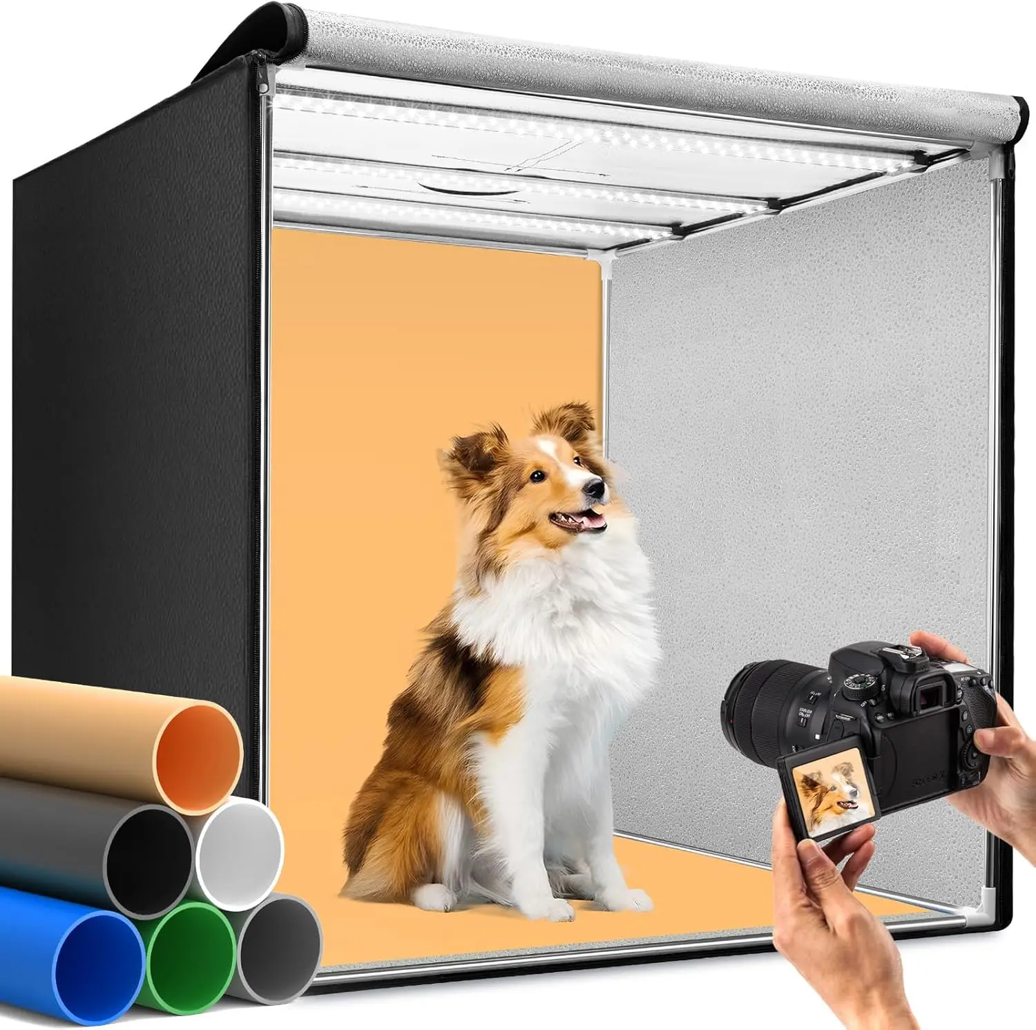 32*32 inch Adjustable Professional Photography Light Box, 210 LED Portable Folding Photobox Tent with 6 Color Backdrops, Photography Camera Accessories for Large Products (Camera Accessories Included)
