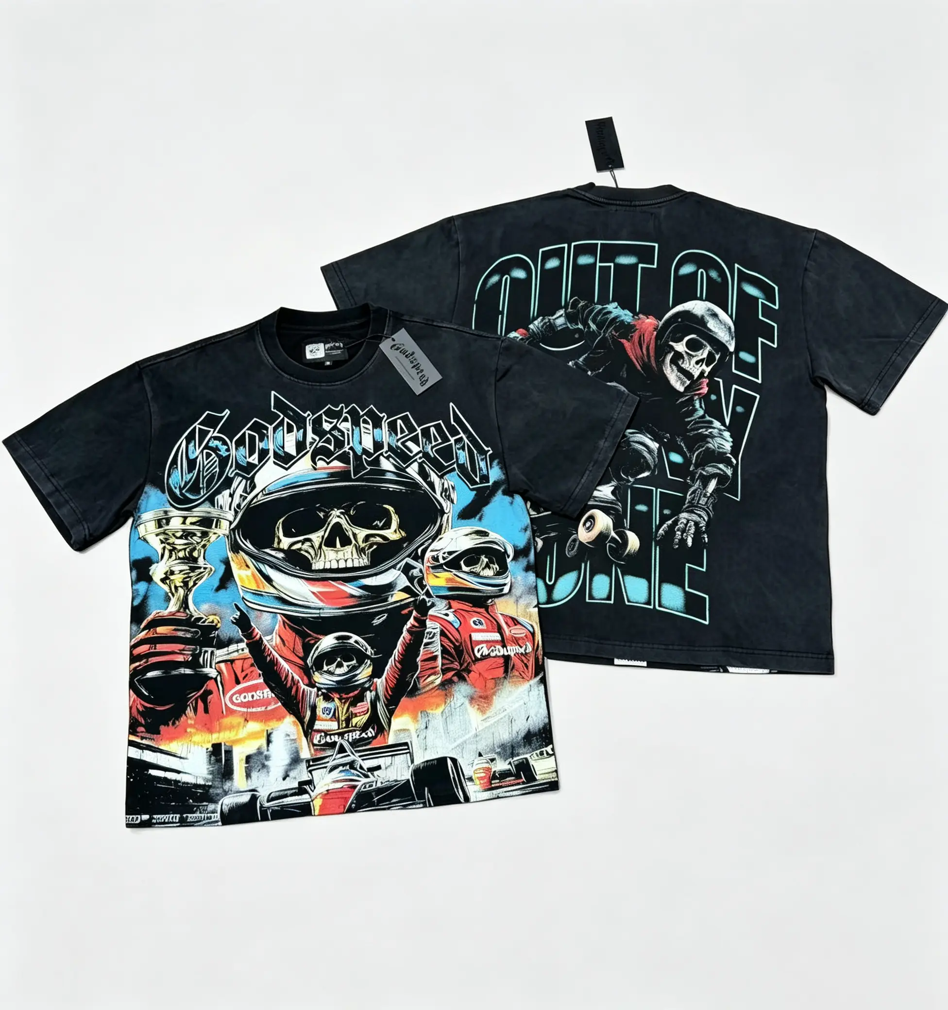Y2K GODSPEED 100% Cotton Certified Vintage Racing Skull Graphic Tee Washed Black Motorcore Biker Shirt Streetwear T-Shirt