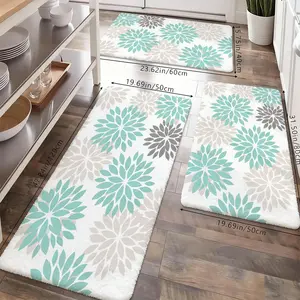 Teal Grey Floral Kitchen Rugs Set, Non-Slip Washable Floor Mats, Soft Dahlia Print Runner Carpets for Kitchen, Laundry Room, Bathroom & Farmhouse Decor