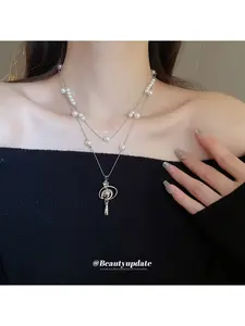 Diamond-studded Saturn waterdrop pearl necklace, Multilayer necklace, French-style luxury high-end sweater chain, perfect for all seasons, versatile and simple, Fashion Chic Accessories